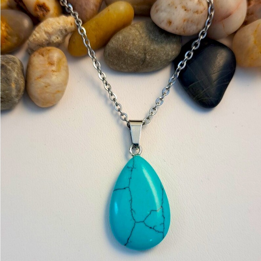 New Handmade 925 Sterling Silver Natural Turquoise Water Drop Necklace - Picture 2 of 15